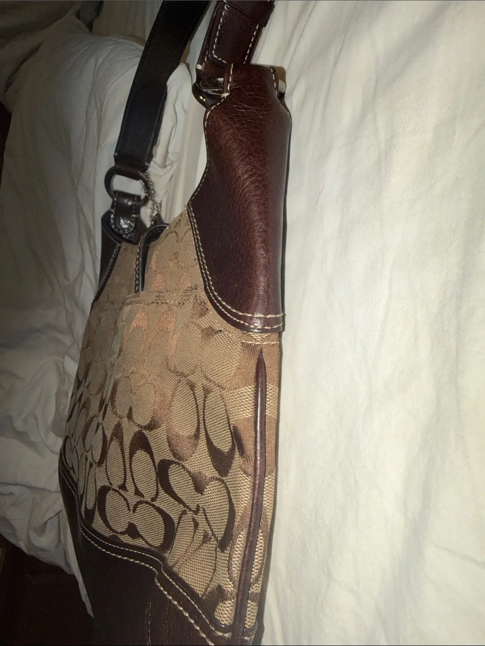 Coach Hampton  Tan Signature Canvas Hobo with Dark Brown Leather Trim